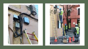 Maraña de cables y operarios trabajando con ellos